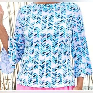 FRESH PRODUCE Large White Maritime MOSAIC‎ KIRA 3/4 Bell Sleeve Top XL Cotton